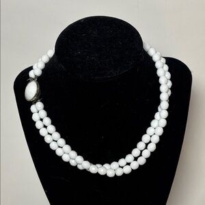 Vintage Double Strand White Milk Beaded Necklace 15” with Round Clasp